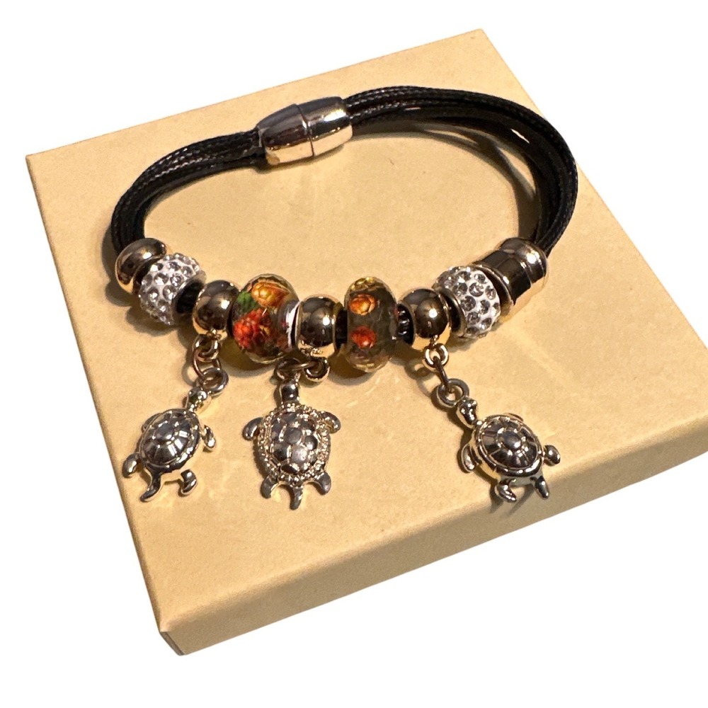 Silver Tone Sea Turtle Charm Bracelet Black Multi Strand Cord Magnetic Clasp